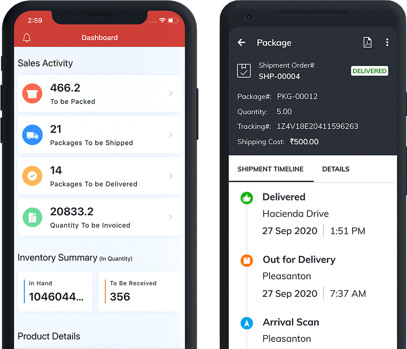 Screenshots of the mobile application showing sales activity and a package delivery status timeline.